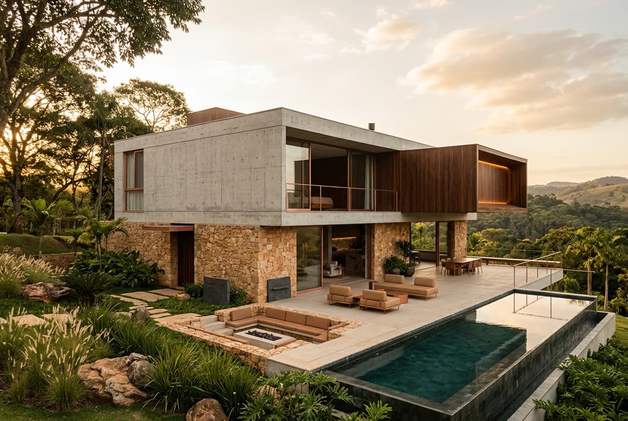 Fachada conceitual — Casa Horizonte: volumes horizontais em concreto com integração ao jardim. Representação visual, não corresponde a obra executada.