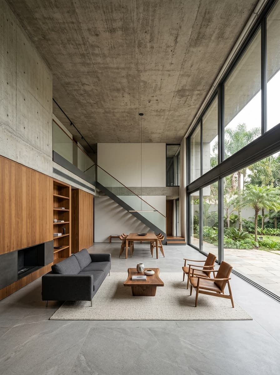 Interior conceitual — área social da Casa Horizonte com pé-direito duplo e iluminação natural. Representação visual conceitual.